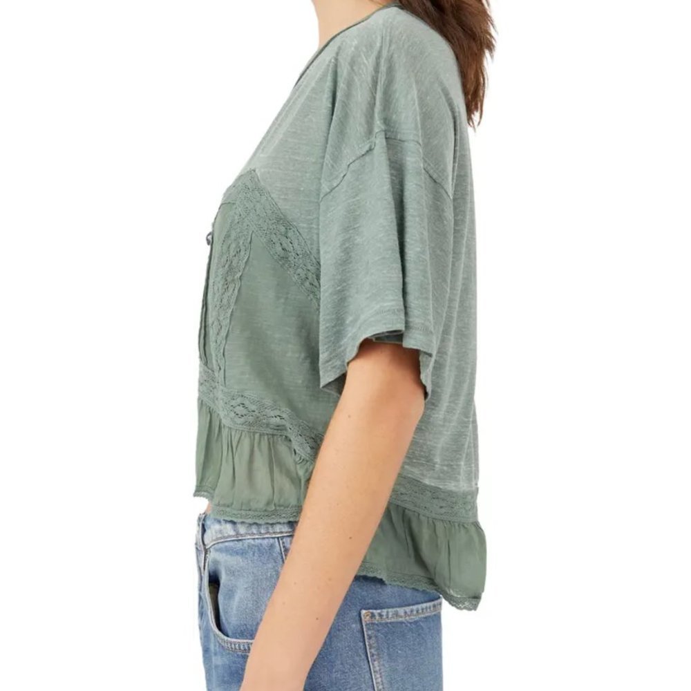 NWT Free People - Fall in Love Lace Inset T-Shirt.Color - Washed Army, Size - XL - Picture 3 of 8